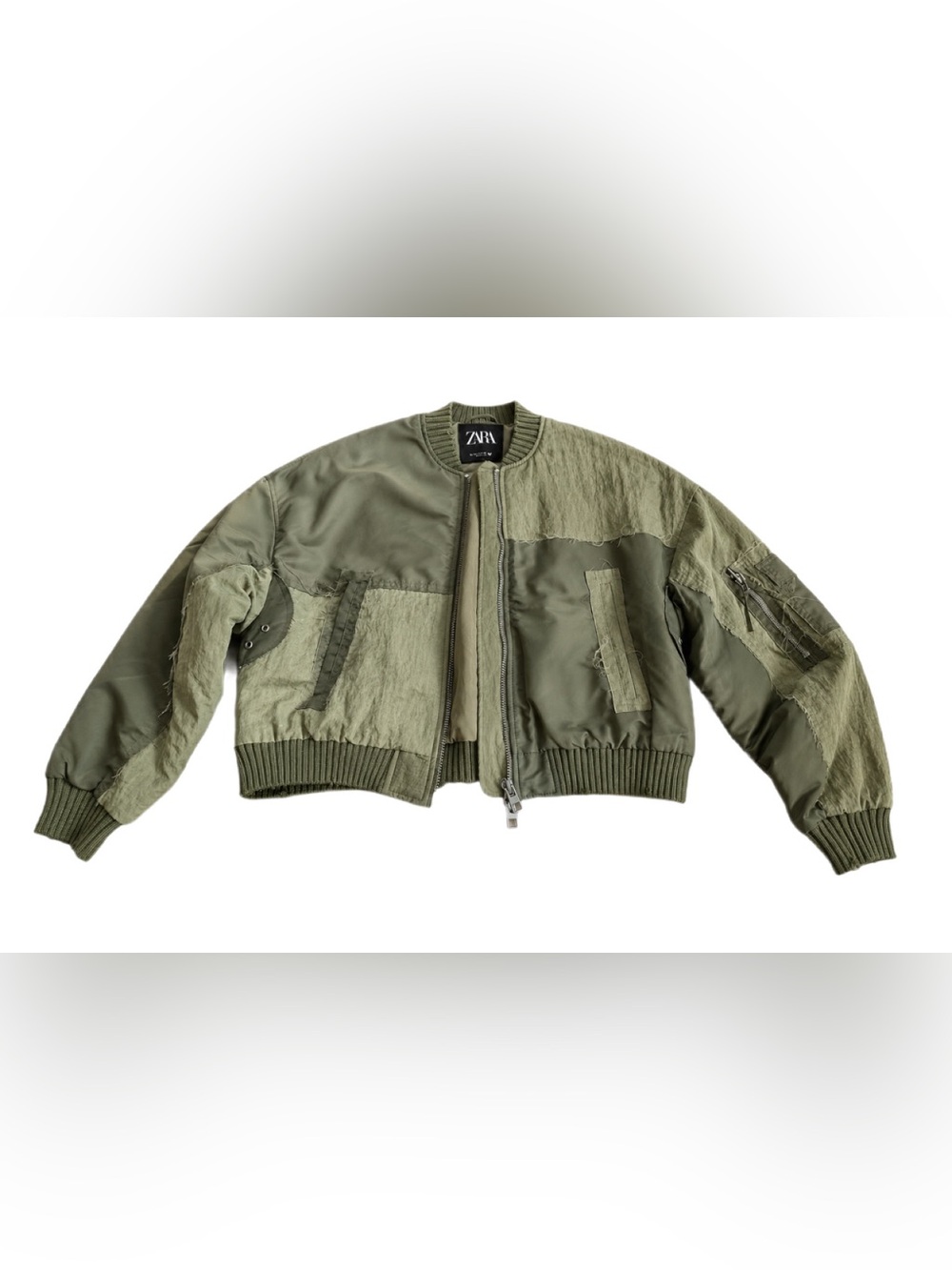 Zara Women’s Bomber Jacket Army Green Distressed Utility Jacket Size Small